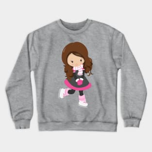 Ice Skating Girl, Cute Girl, Brown Hair, Scarf Crewneck Sweatshirt